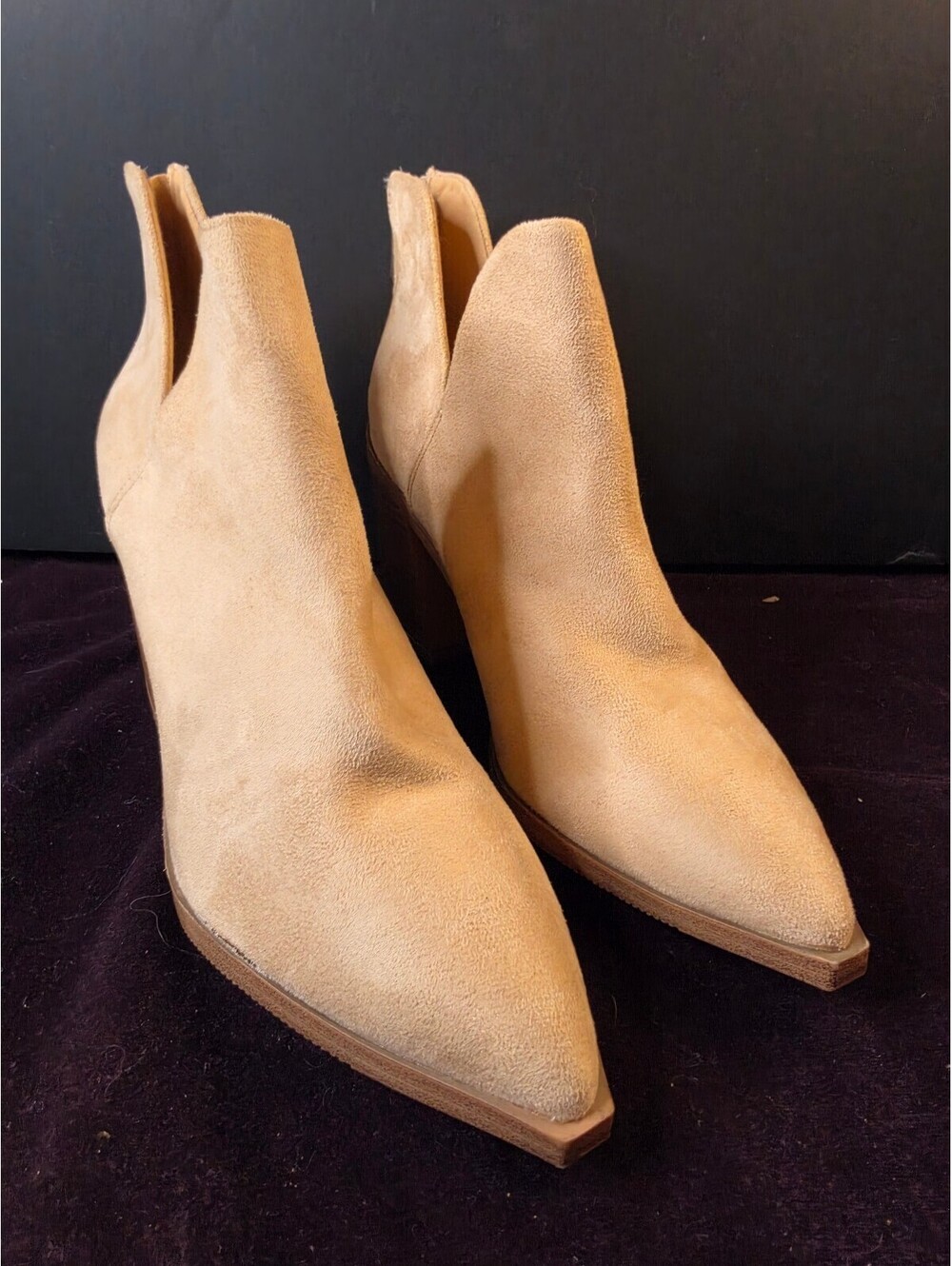 Tan Suede Ankle Boots with Block Heel and Back Zipper 9.5